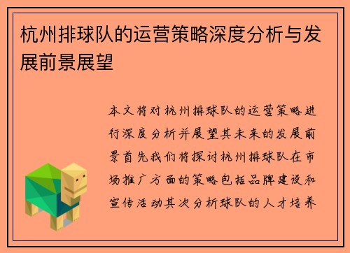杭州排球队的运营策略深度分析与发展前景展望