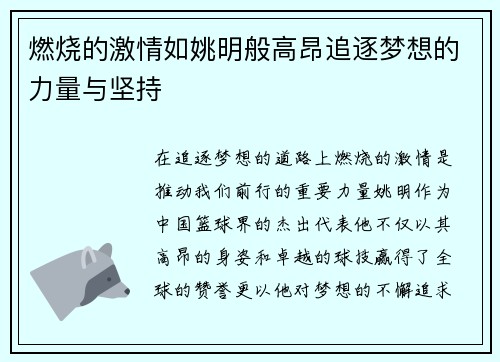 燃烧的激情如姚明般高昂追逐梦想的力量与坚持