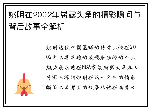 姚明在2002年崭露头角的精彩瞬间与背后故事全解析